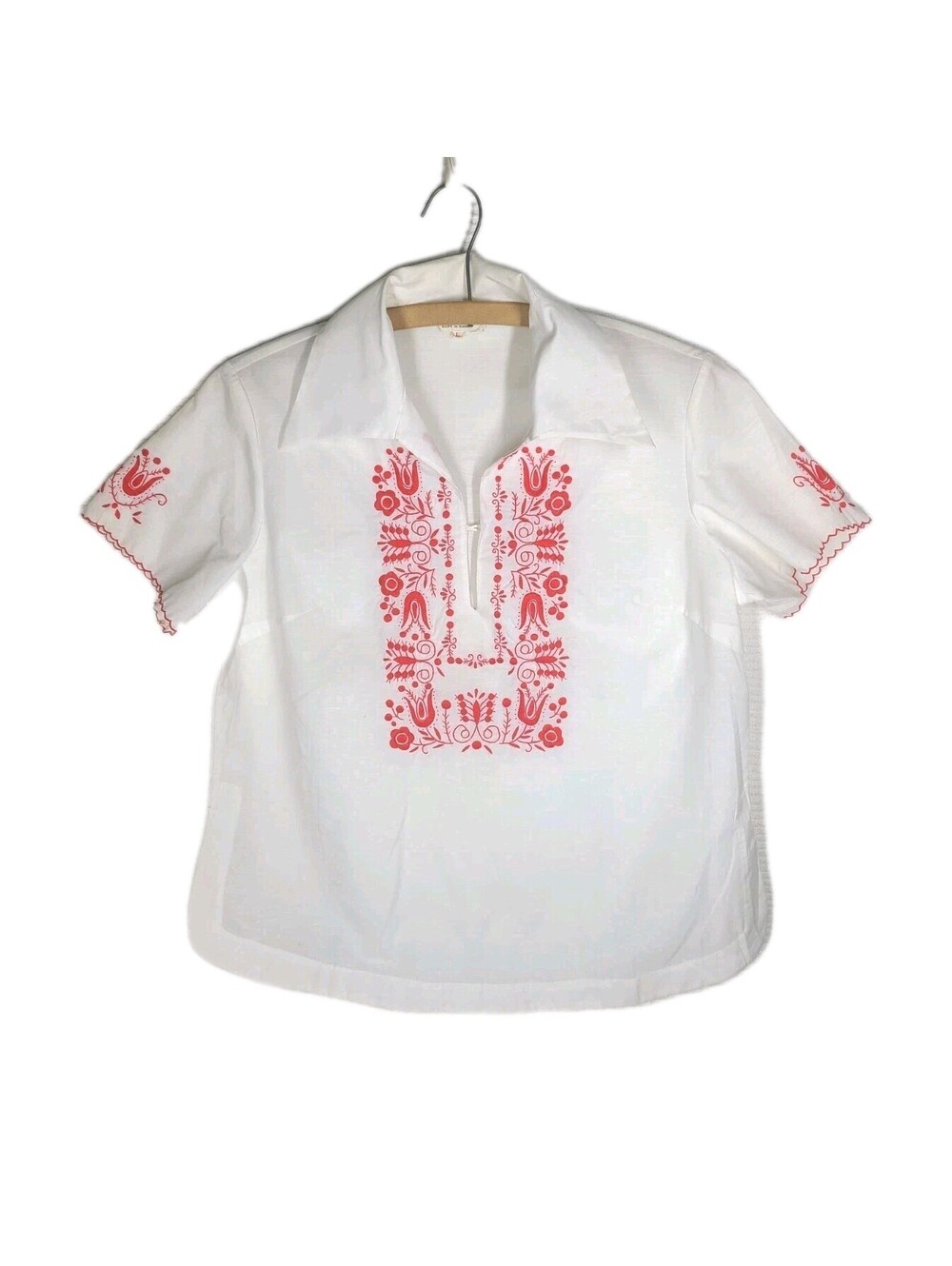 Vtg 60s Lily Peasant Shirt Red Hand Embroidered White Cotton Ooak Pearl Button M